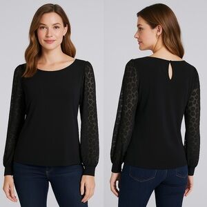 White House Black Market Black Sheer Animal Print Puff Sleeve Top Large Elegant